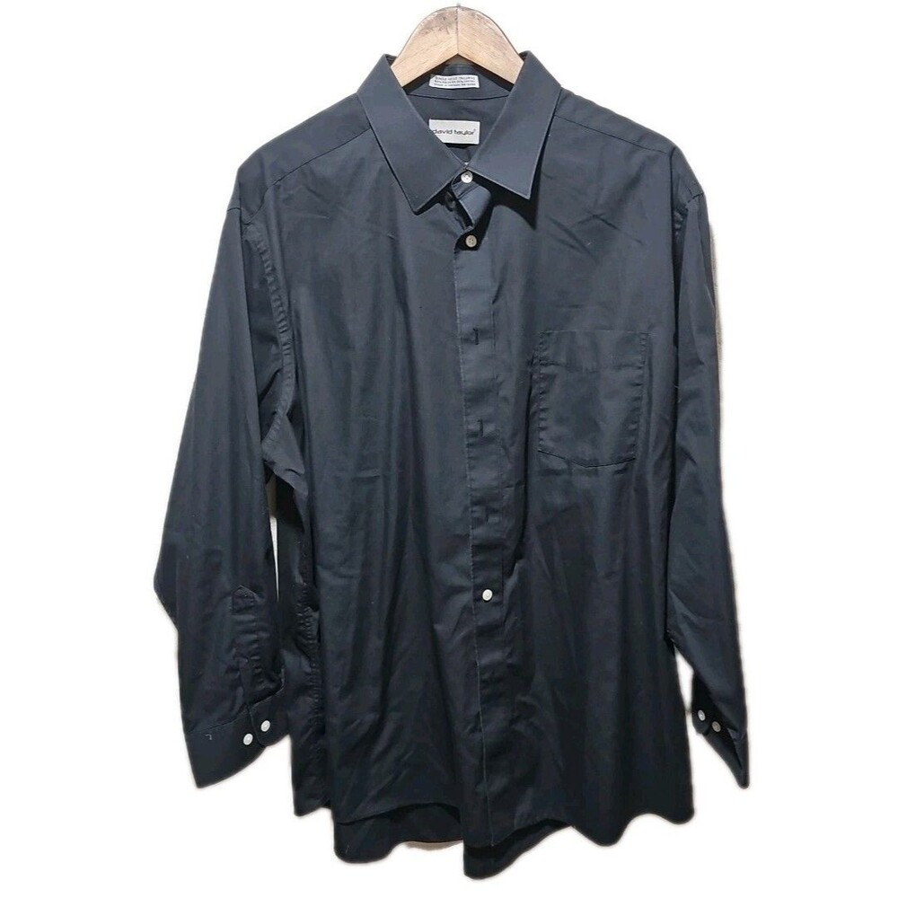 DAVID TAYLOR Mens 18 Black Long-sleeve Dress Shirt Single Needle Tailoring